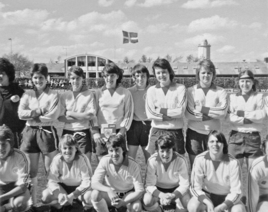 Black and white photo featuring the England Women's football team in Copenhagen, ready for their May 1979 match against Denmark.