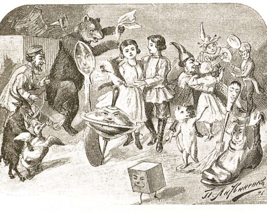 Illustration depicting a scene from Alyonushka's Fairytales, featuring a young woman in traditional clothing surronded by a bear, musical instruments, a cat and objects such as a spoon, spinning top, boot and mop with human features