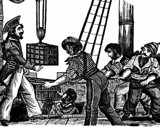 Illustration of pirate Henry Every receiving 3 chests of treasure on board his ship