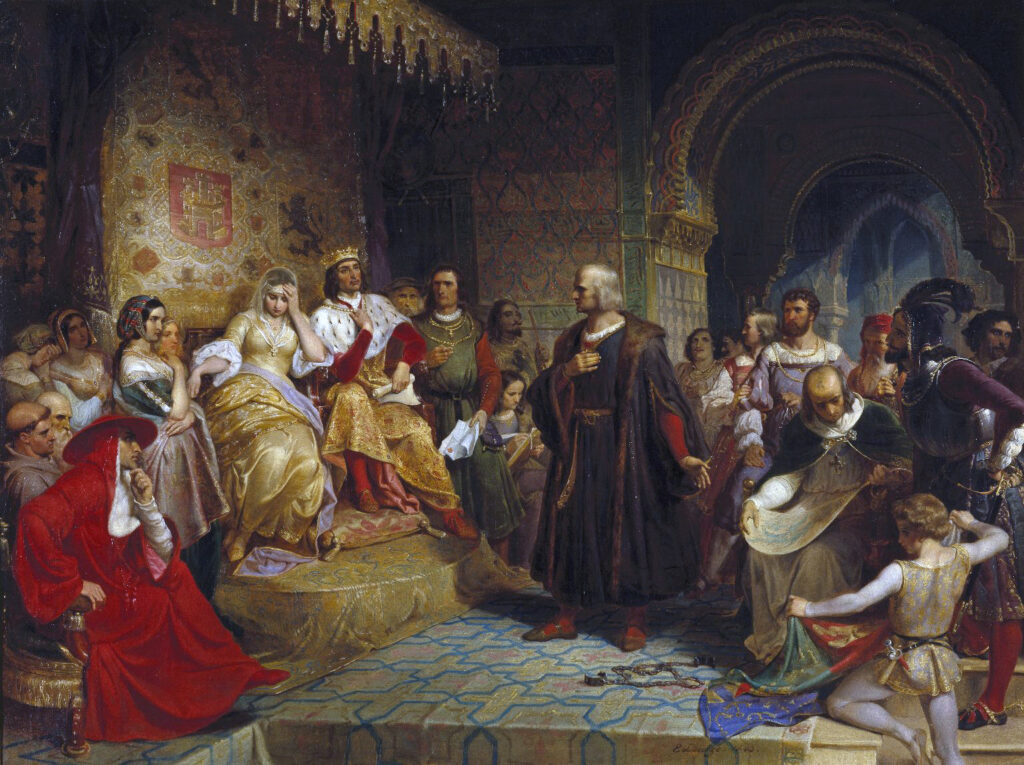 Columbus before the Queen painting by Emanuel Leutze, showing Italian explorer Christopher Columbus boldly addressing the Spanish monarchs Ferdinand and Isabella