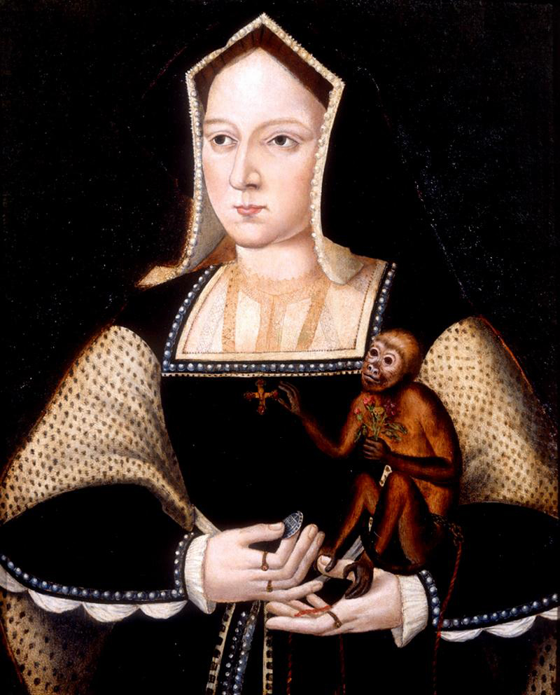 Portrait of Katherine of Aragon with her pet monkey by Lucas Horenbout