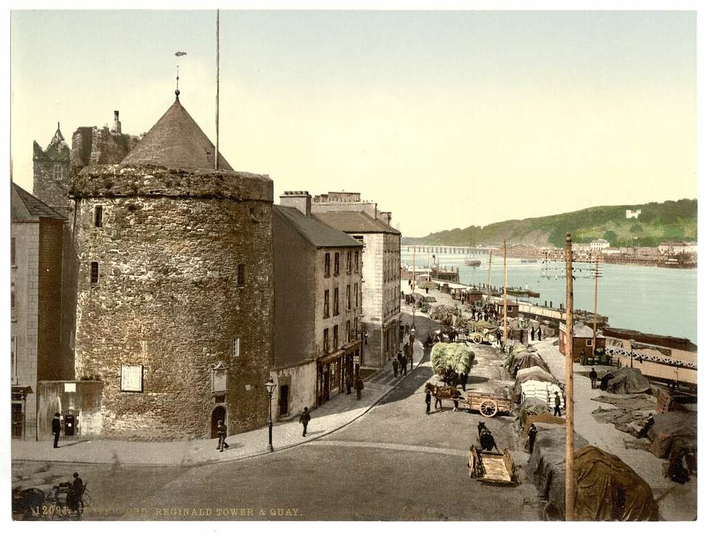 Historical image of tower and quay in Waterford
