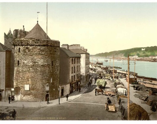 Historical image of tower and quay in Waterford