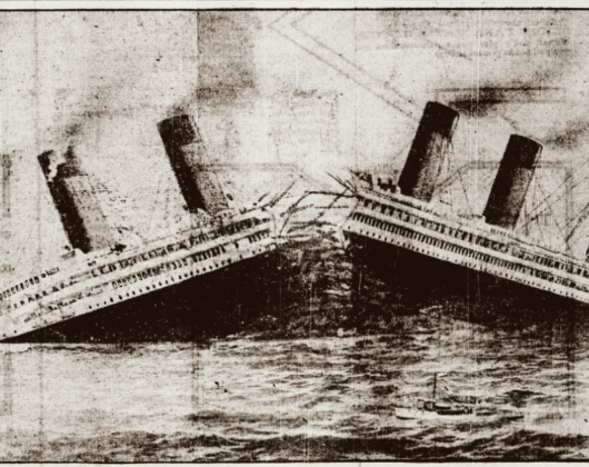 A dramatic depiction of the Titanic sinking, showcasing the ship split in two, partially submerged in icy waters.
