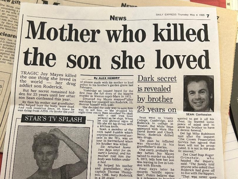 Newspaper reporting on the murder of Roderick Mayes by his mother, featuring a prominent headline and a sombre image.