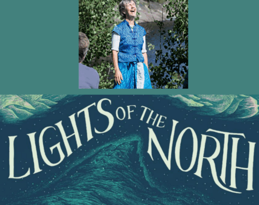 Author photo of person laughing and illustration of a landscape