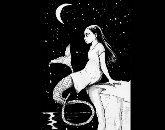 A drawing of a mermaid perched on a rock, illuminated by a moon in the night sky